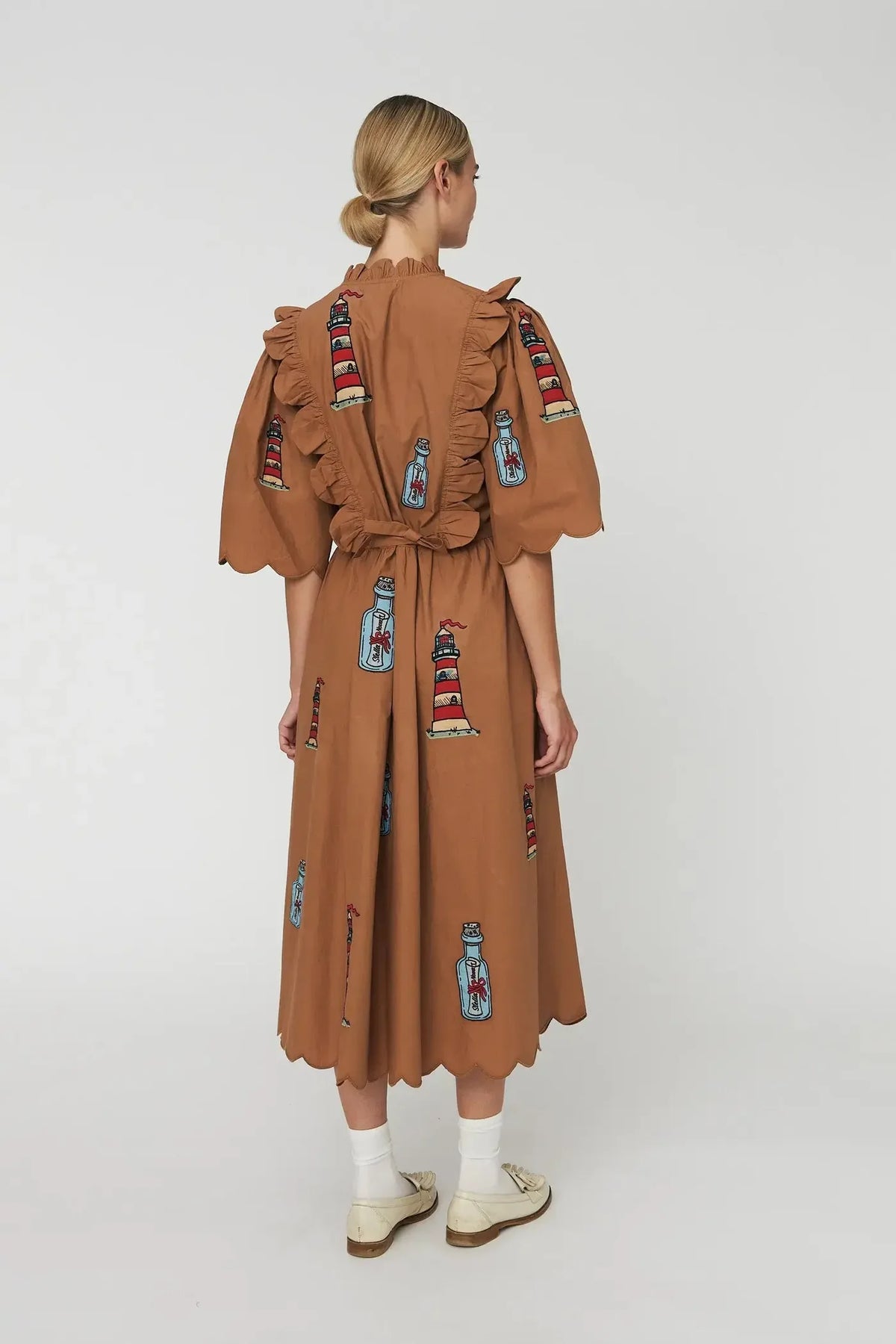 Stella Nova Embroidered Mini Dress With Scallops In Brown