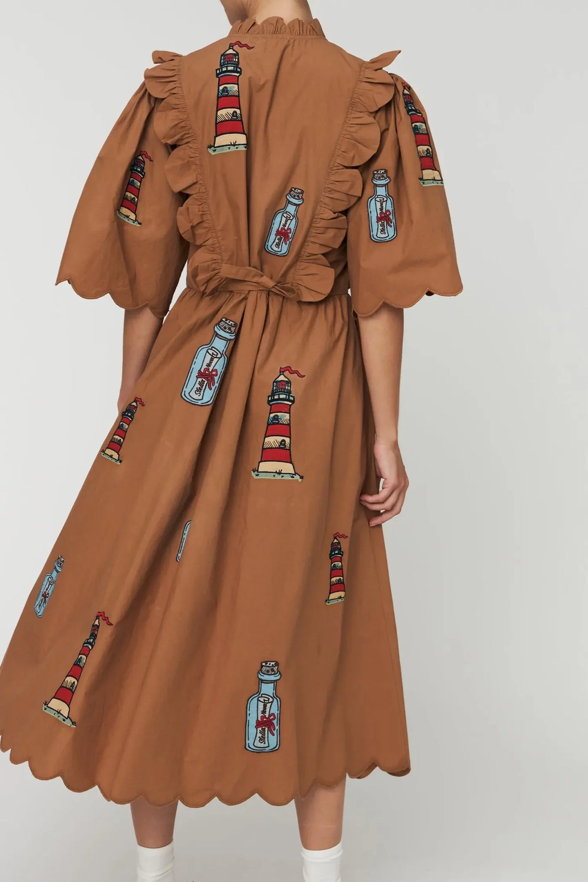 Stella Nova Embroidered Mini Dress With Scallops In Brown