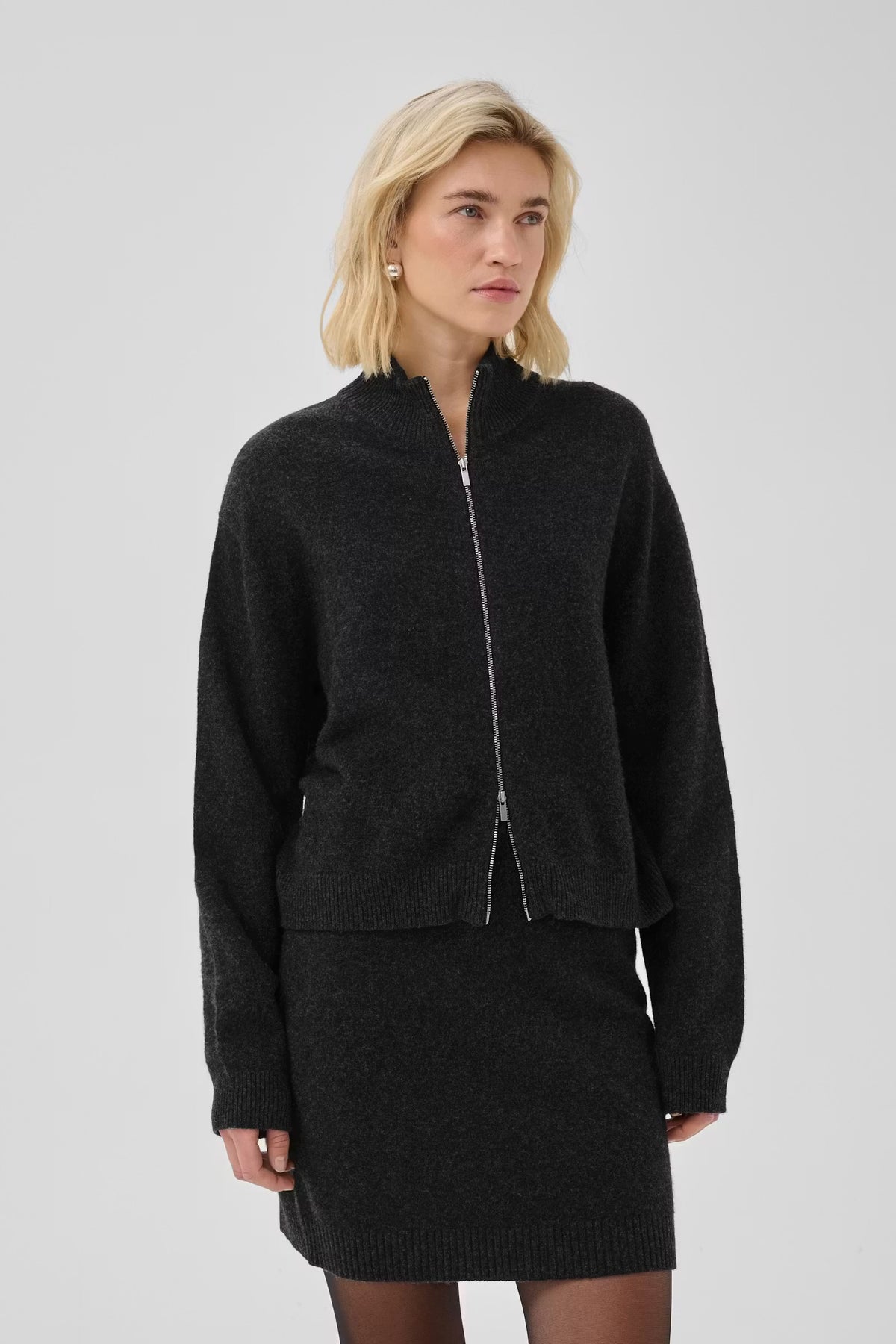 My Essential Wardrobe Tracey Knit Zip Cardigan in Dark Grey Melange