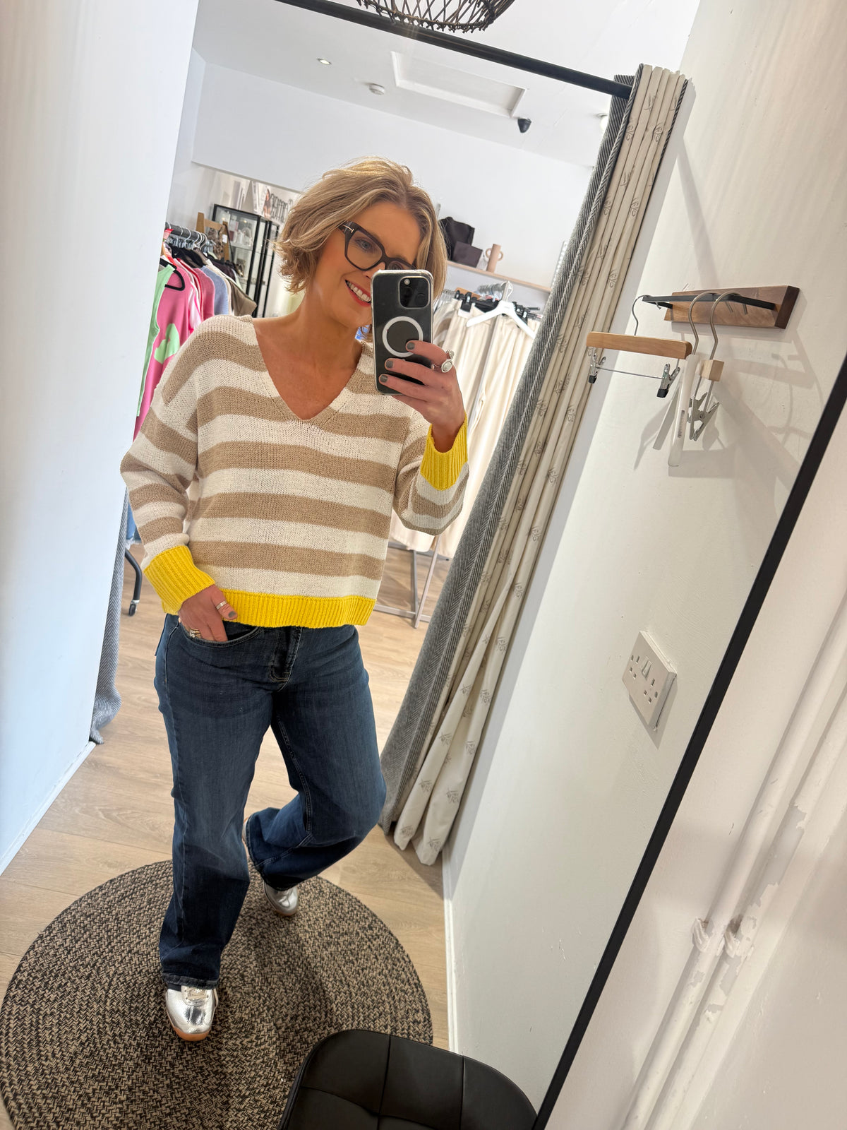 Oui Pullover In White and camel stripe with Yellow Trim 96491