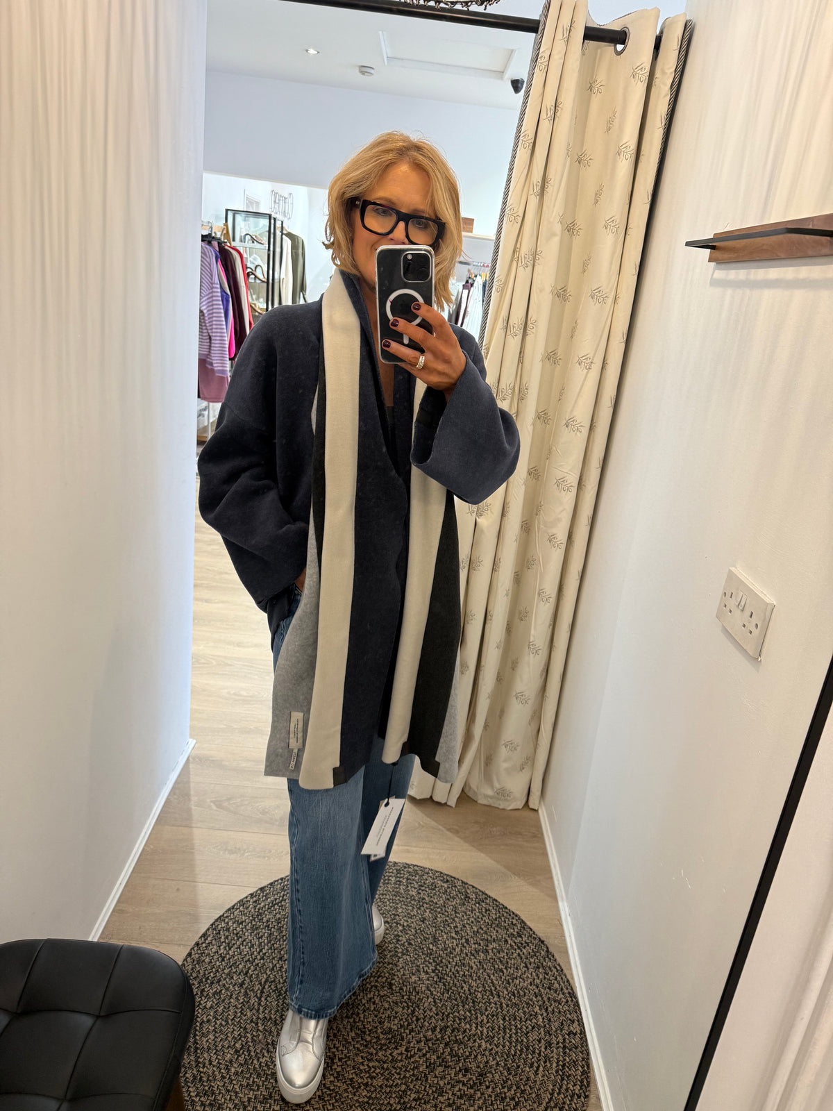 Henriette Steffensen Long Scarf in Evening blue, Soft Black, Grey and Kit