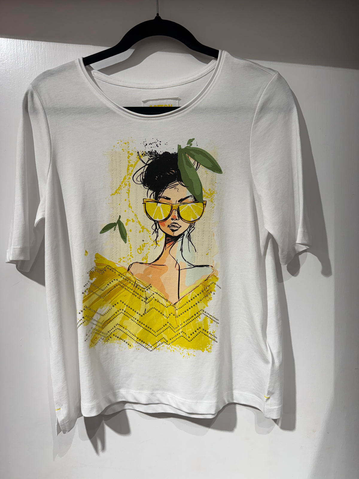 Oui T-Shirt In Optic White with Yellow detail 97518