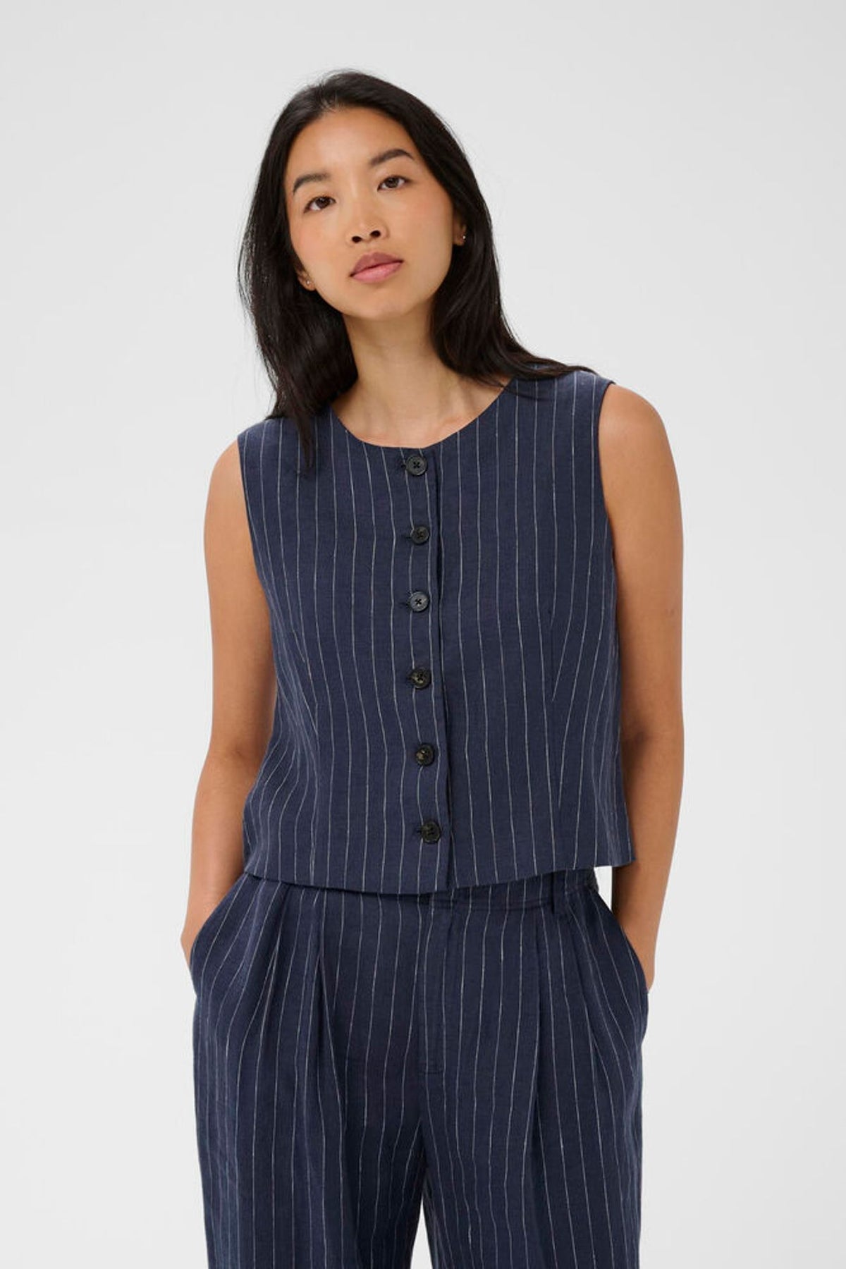 Part Two Azania Waist Coat In Blue Nights Pinstripe