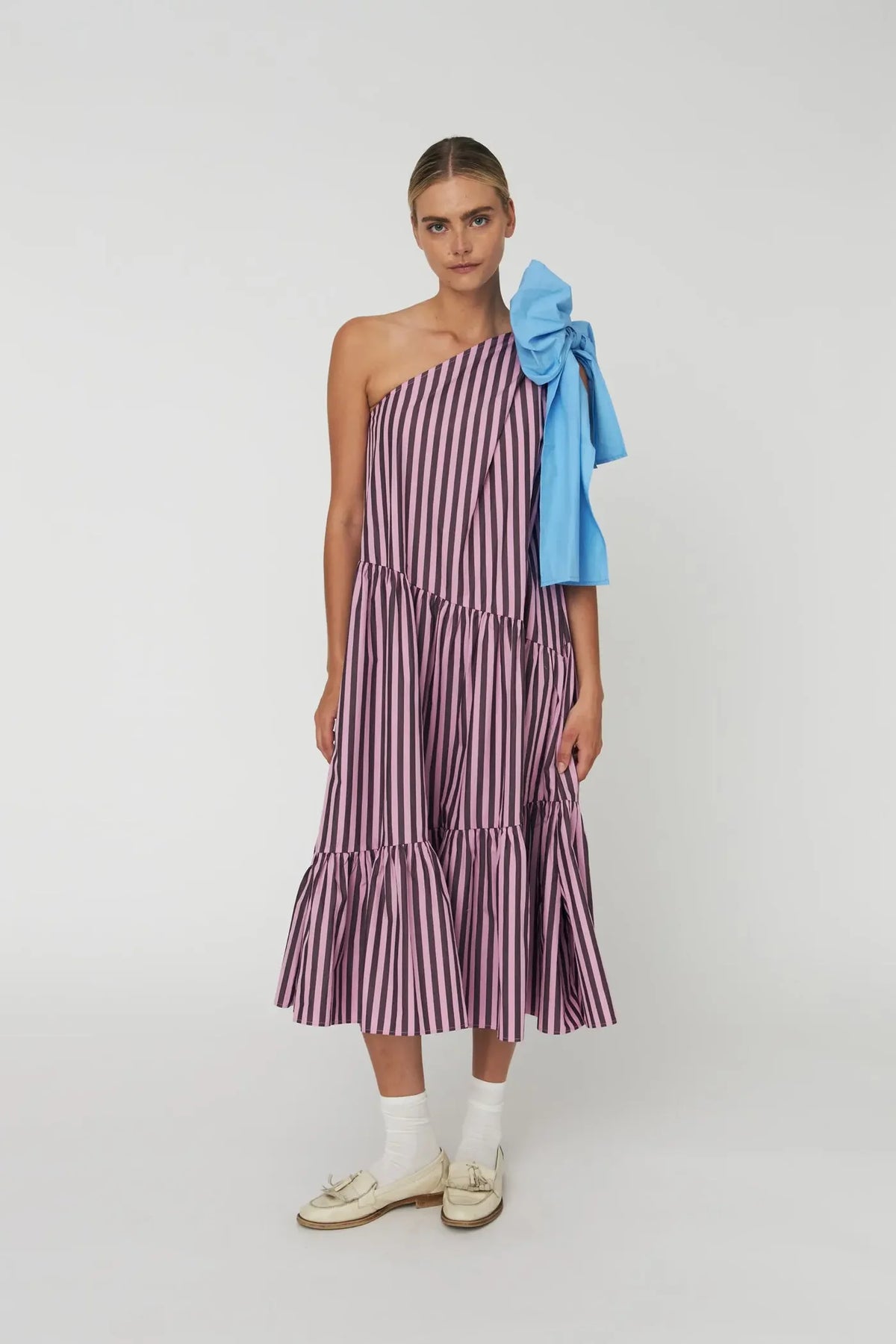 Stella Nova Striped Bow Midi Dress In Purple