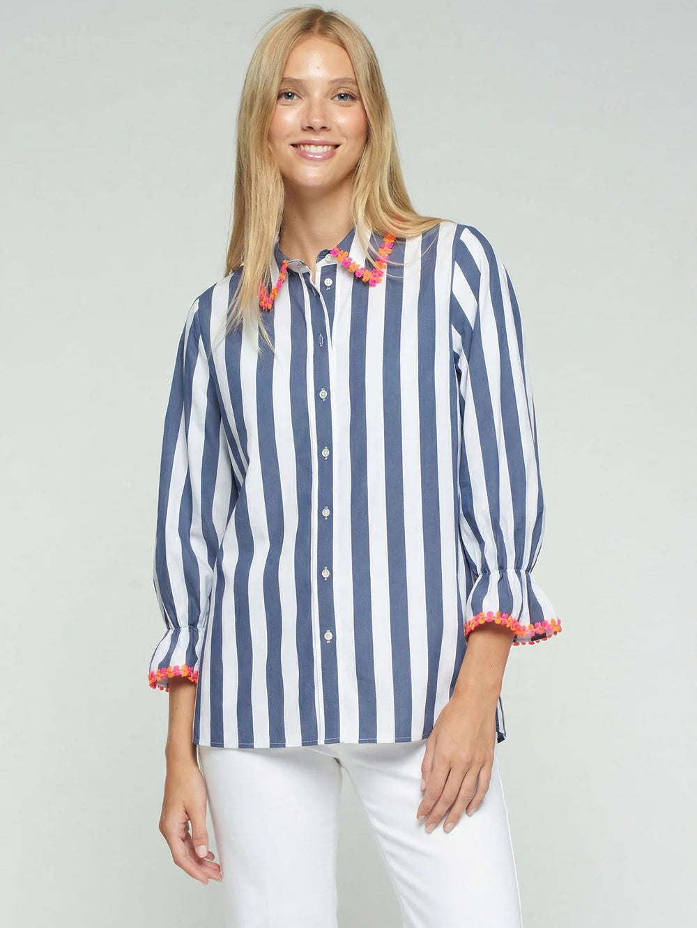 Vilagallo Navy Striped Shirt With Floral Trim
