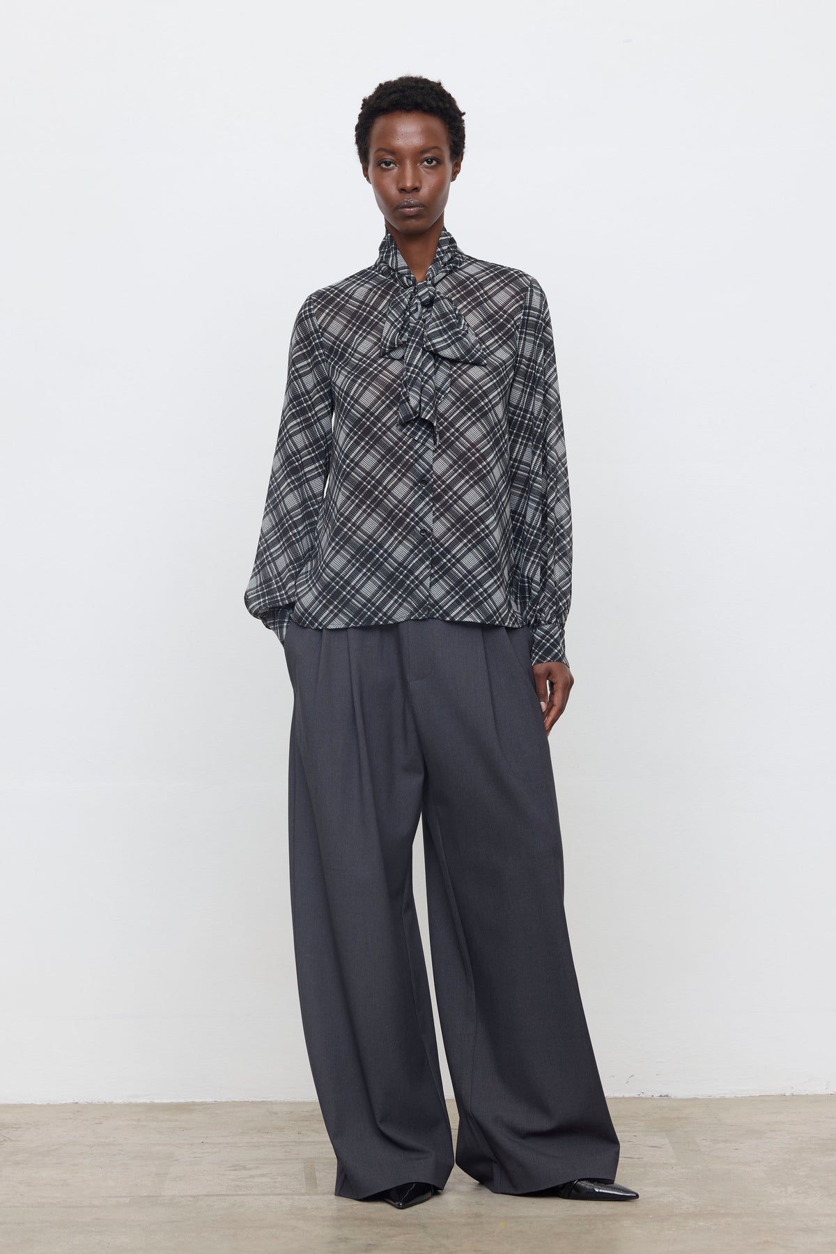 Eleh shirt with Pussy Bow Neckline in Black Check 260292