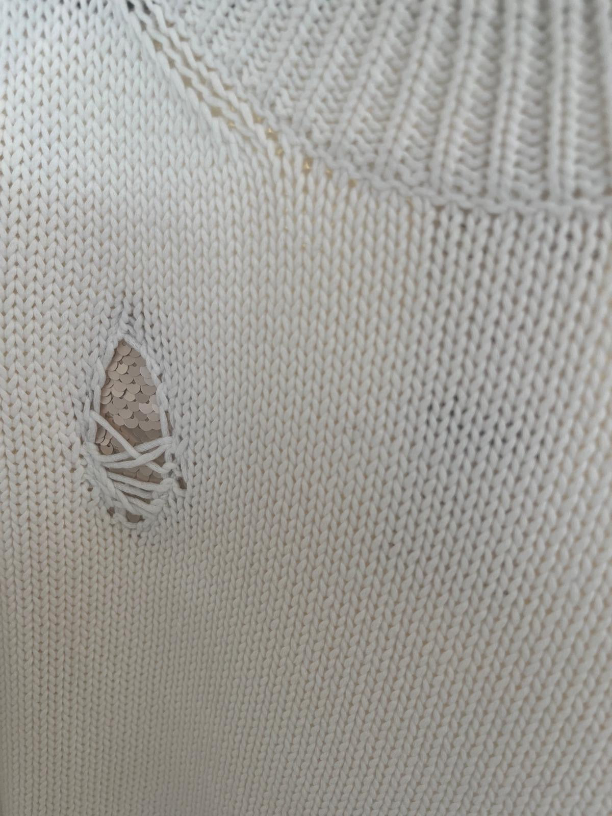 Oui Distressed Pullover In Cream With Gold Sequin Detail