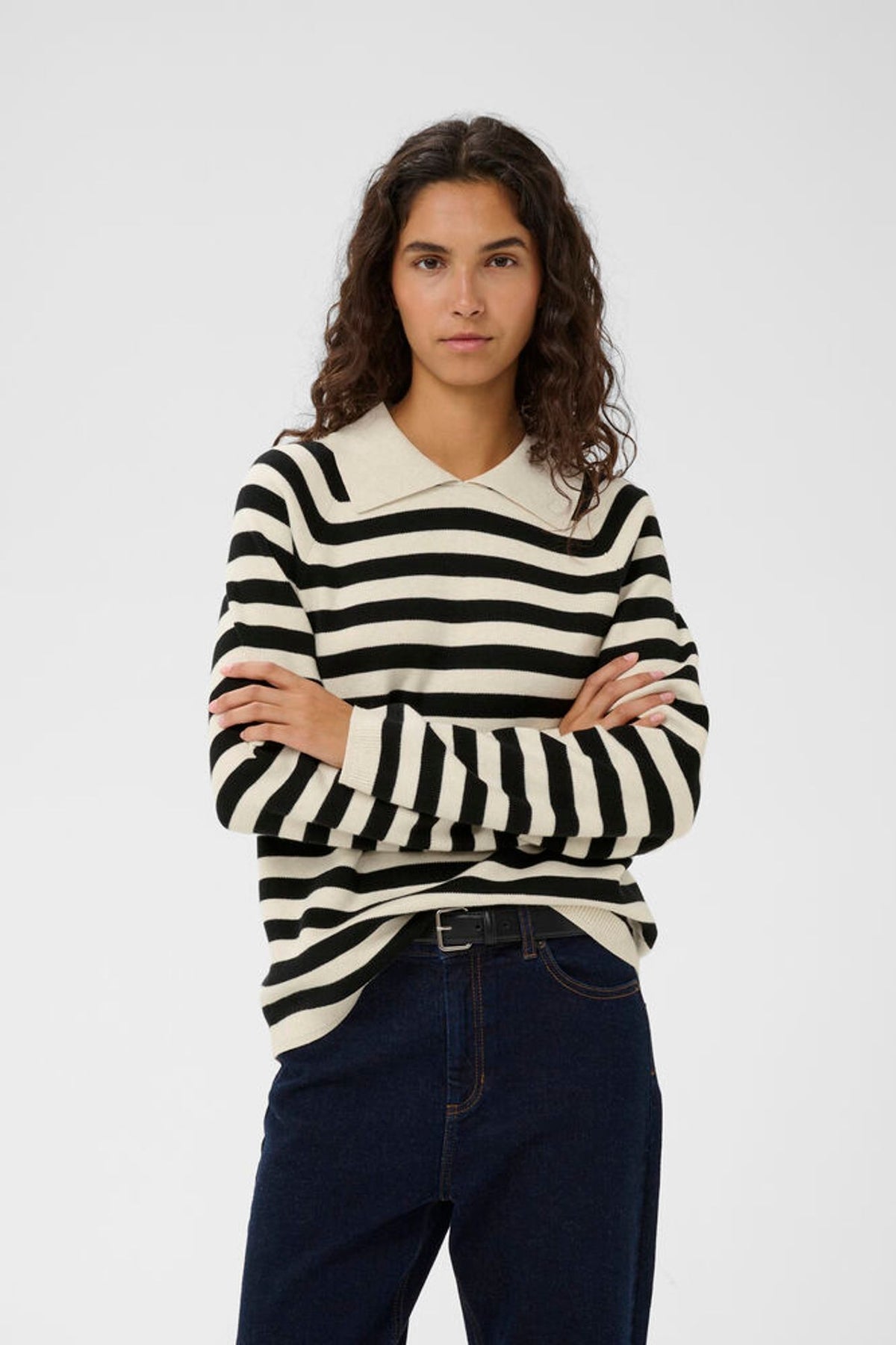 Inwear Madie Polo In Whisper White & Black Stripe