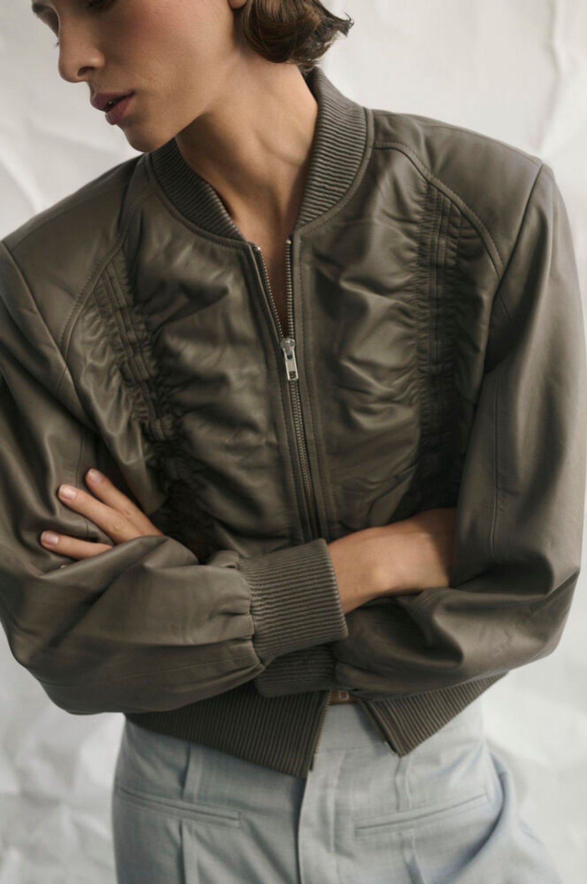 Karen By Simonsen Emiko Leather Bomber in Falcon Brown