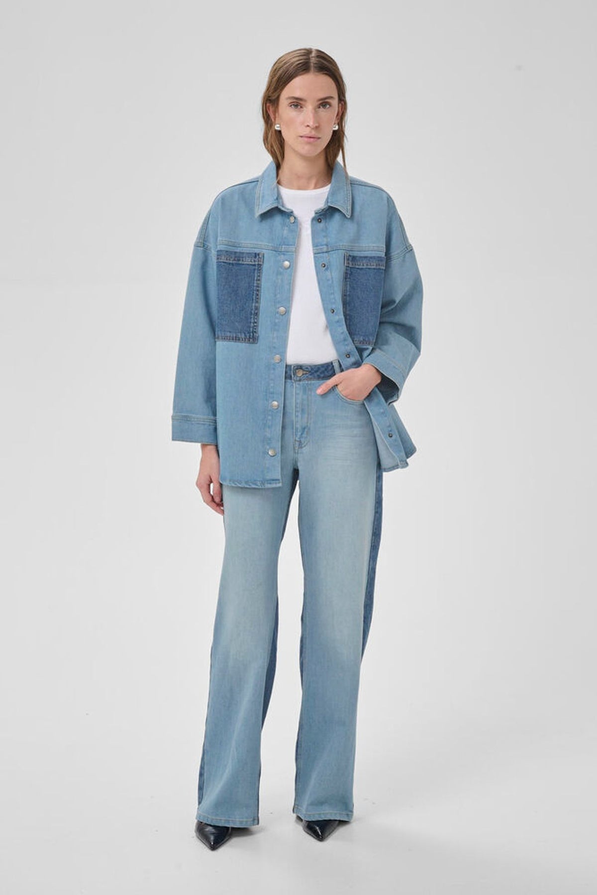 My Essential Wardrobe Mazie 139 Boxy Mix Shirt In Light Blue / Blue Wash