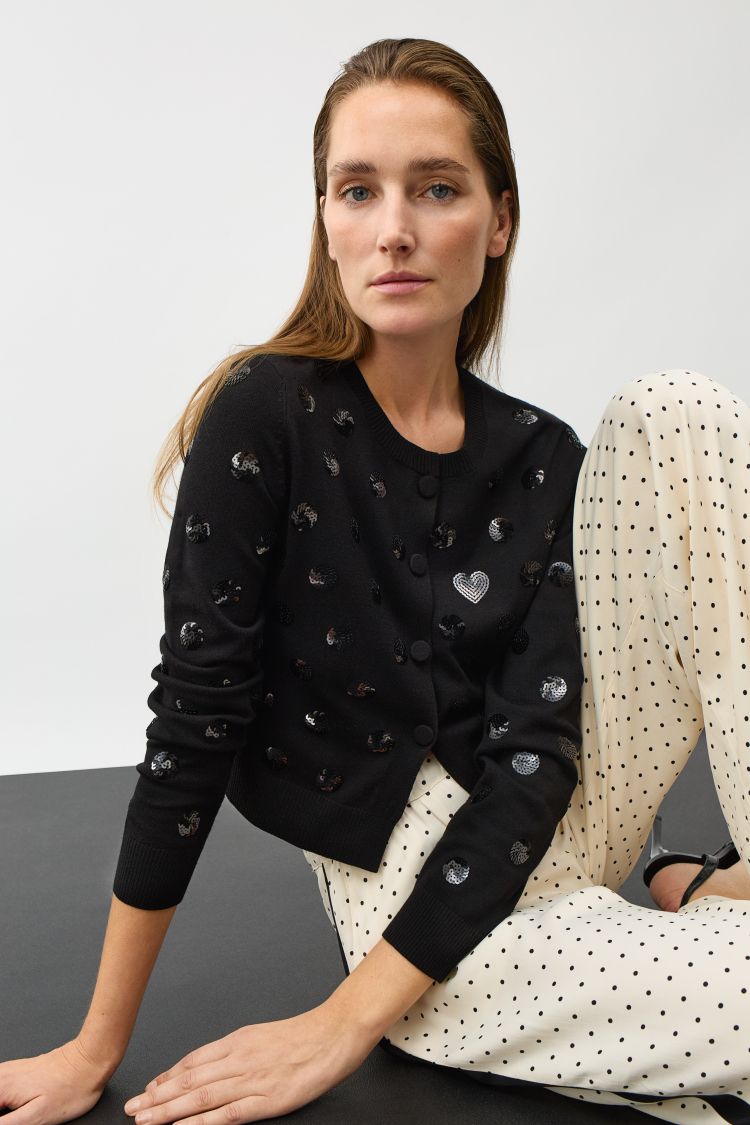 Oui Cardi in Black with Black Sequin Detail 97984