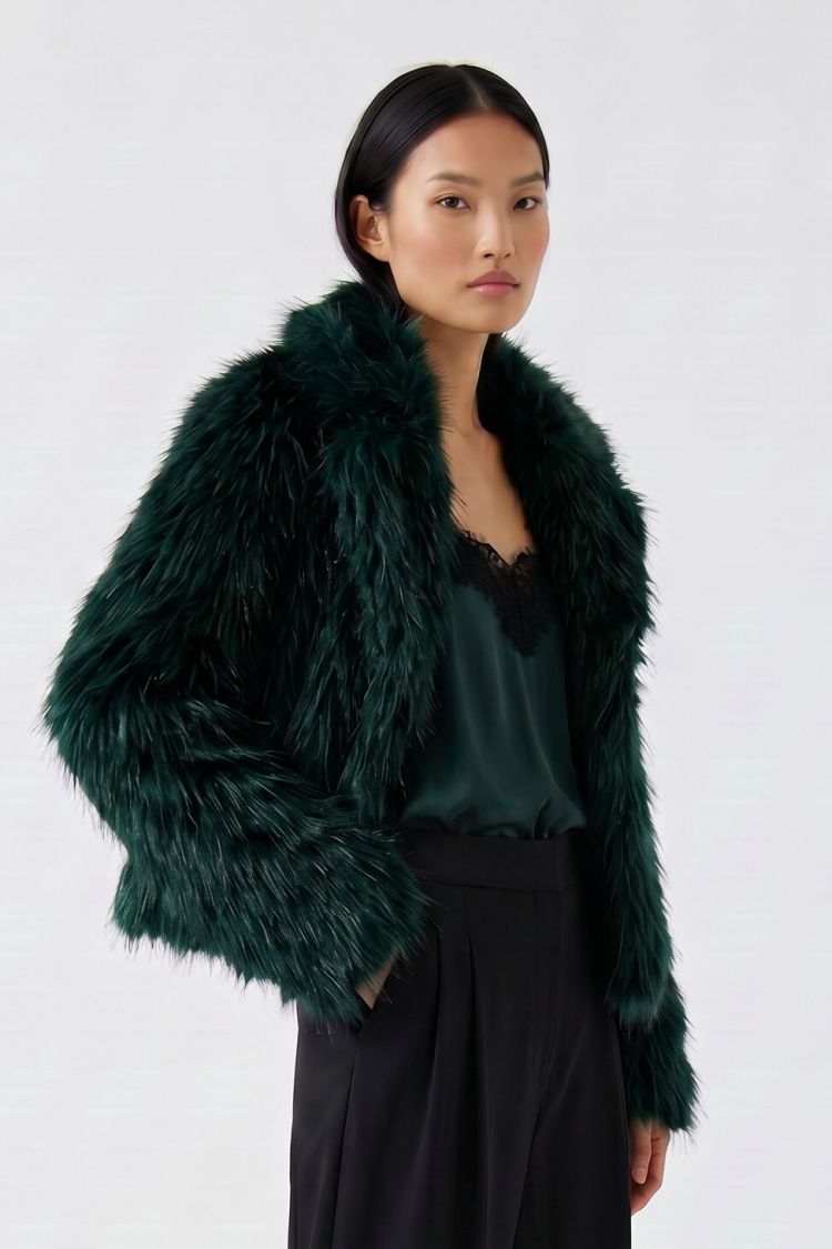 Oui Faux Fur Jacket in Forest Green 100473