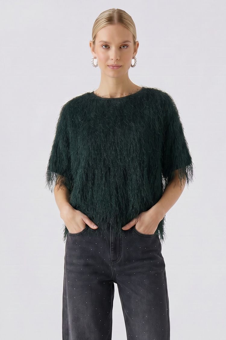 Oui Fringe Top in Forest Green 100112