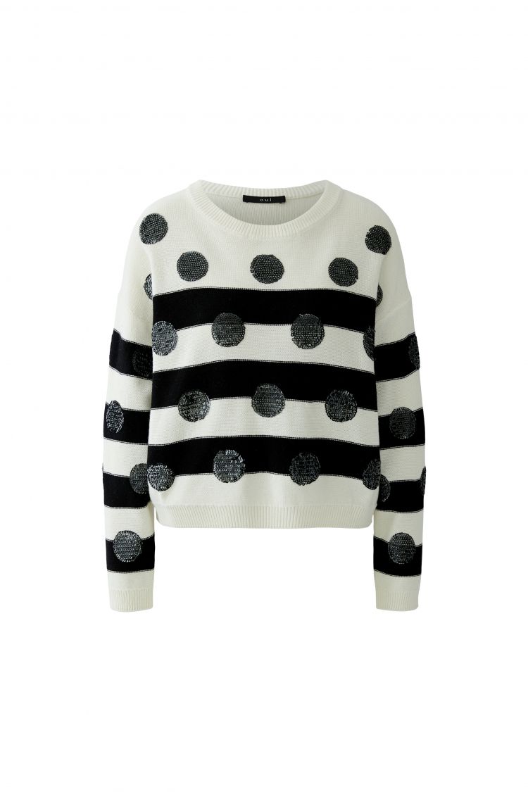 Oui Pullover in White Black Stripe with sequin Polka Dot 97906