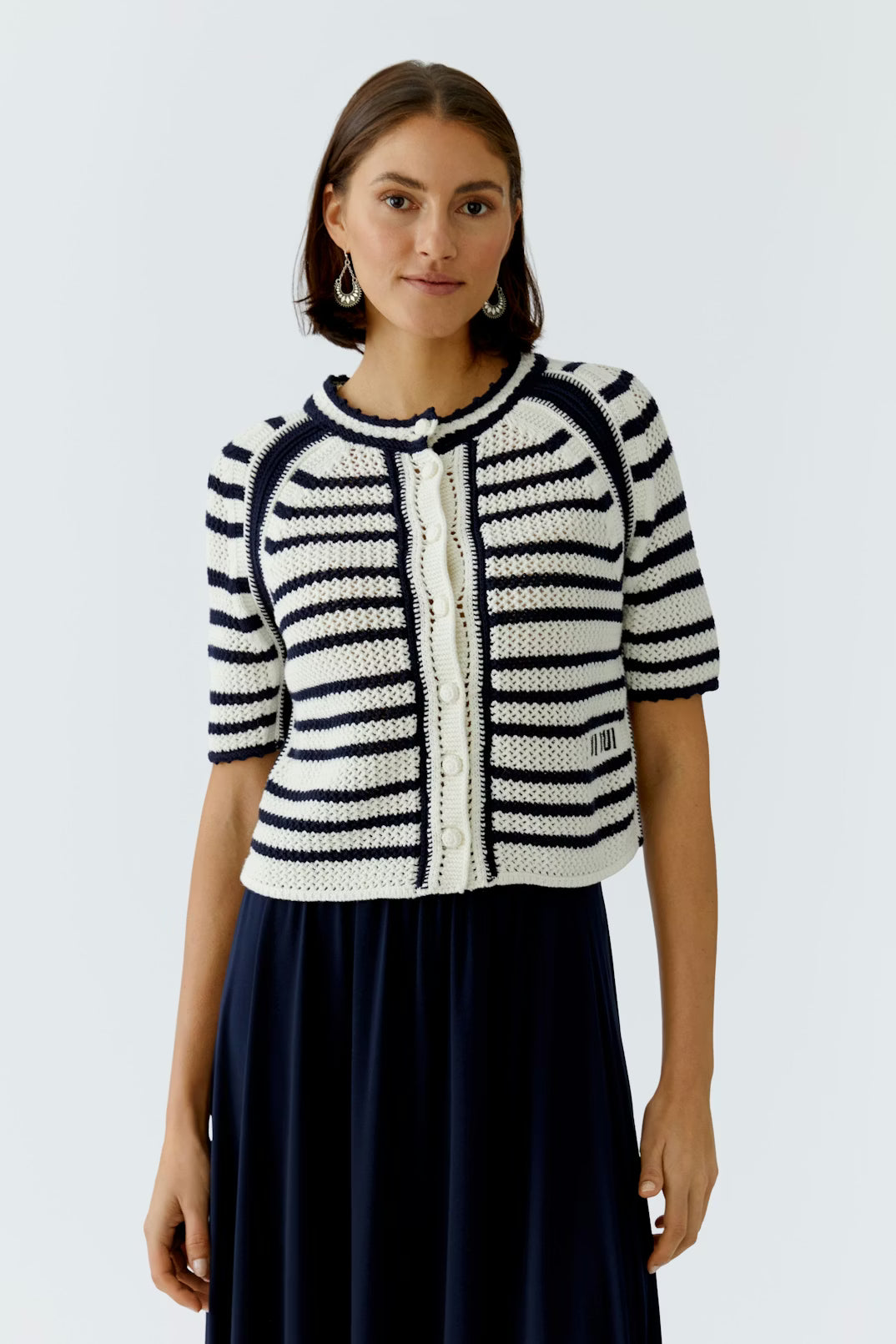 Oui Knit Jacket In White Blue 97489