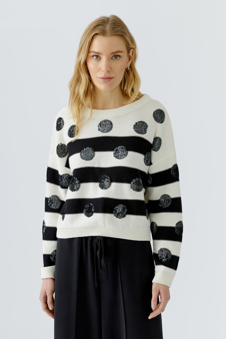 Oui Pullover in White Black Stripe with sequin Polka Dot 97906