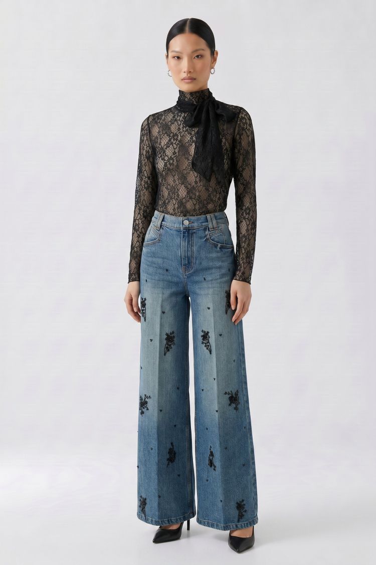 Oui Lace Top in Forest Green 99907