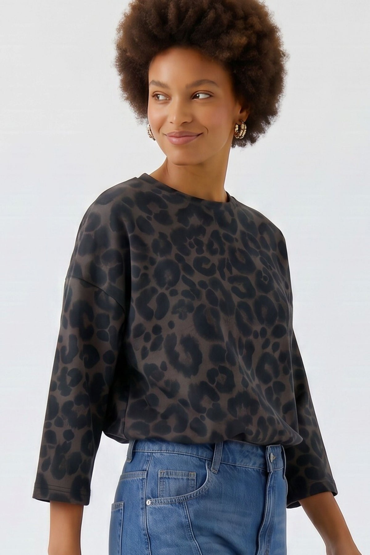 Oui Sweatshirt in Bown Grey Animal Print 99046
