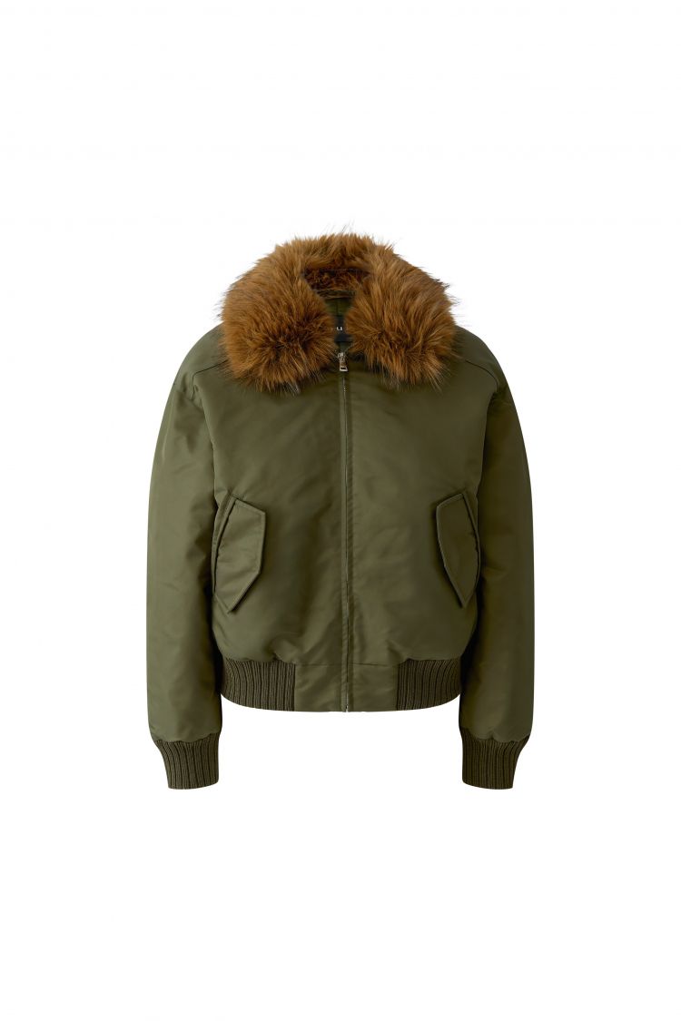Oui Short Bomber in Khaki with Fur Collar 94462