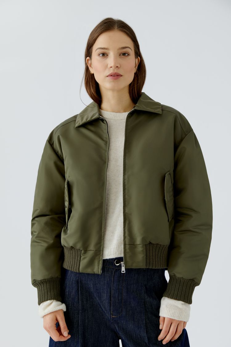 Oui Short Bomber in Khaki with Fur Collar 94462