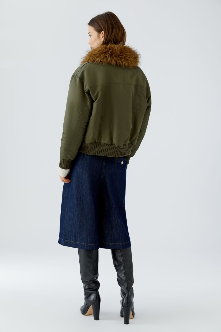 Oui Short Bomber in Khaki with Fur Collar 94462
