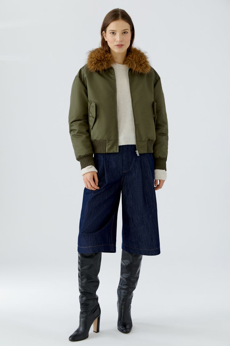 Oui Short Bomber in Khaki with Fur Collar 94462