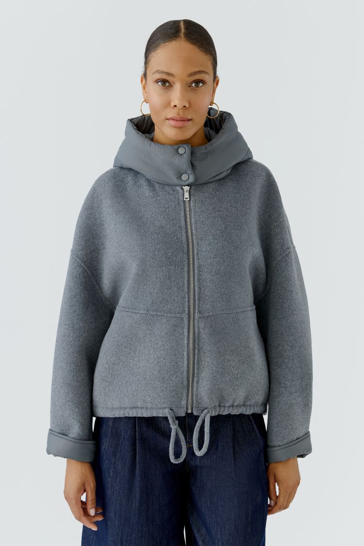 Oui Short Wool Mix Hoody in Grey 100339