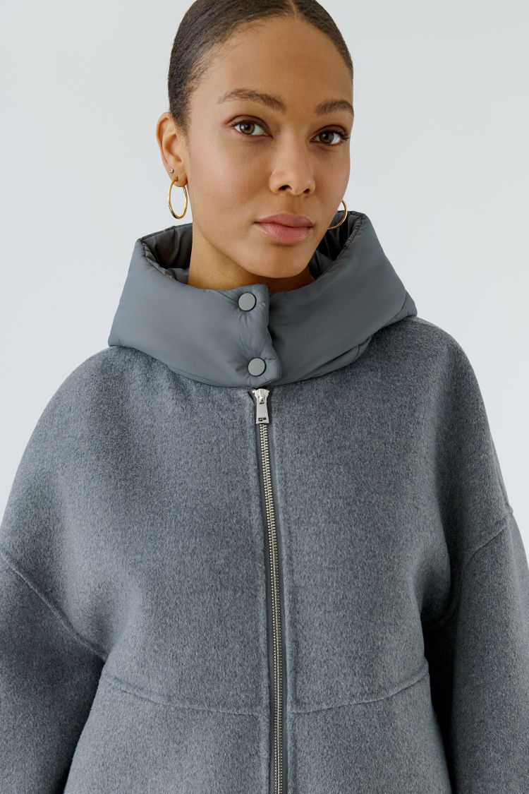 Oui Short Wool Mix Hoody in Grey 100339