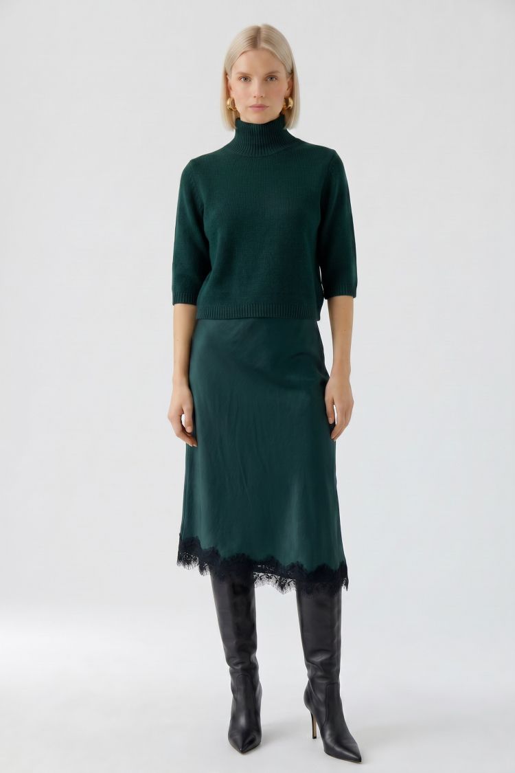 Oui Slip Skirt with Lace Detail in Forest Green 99987
