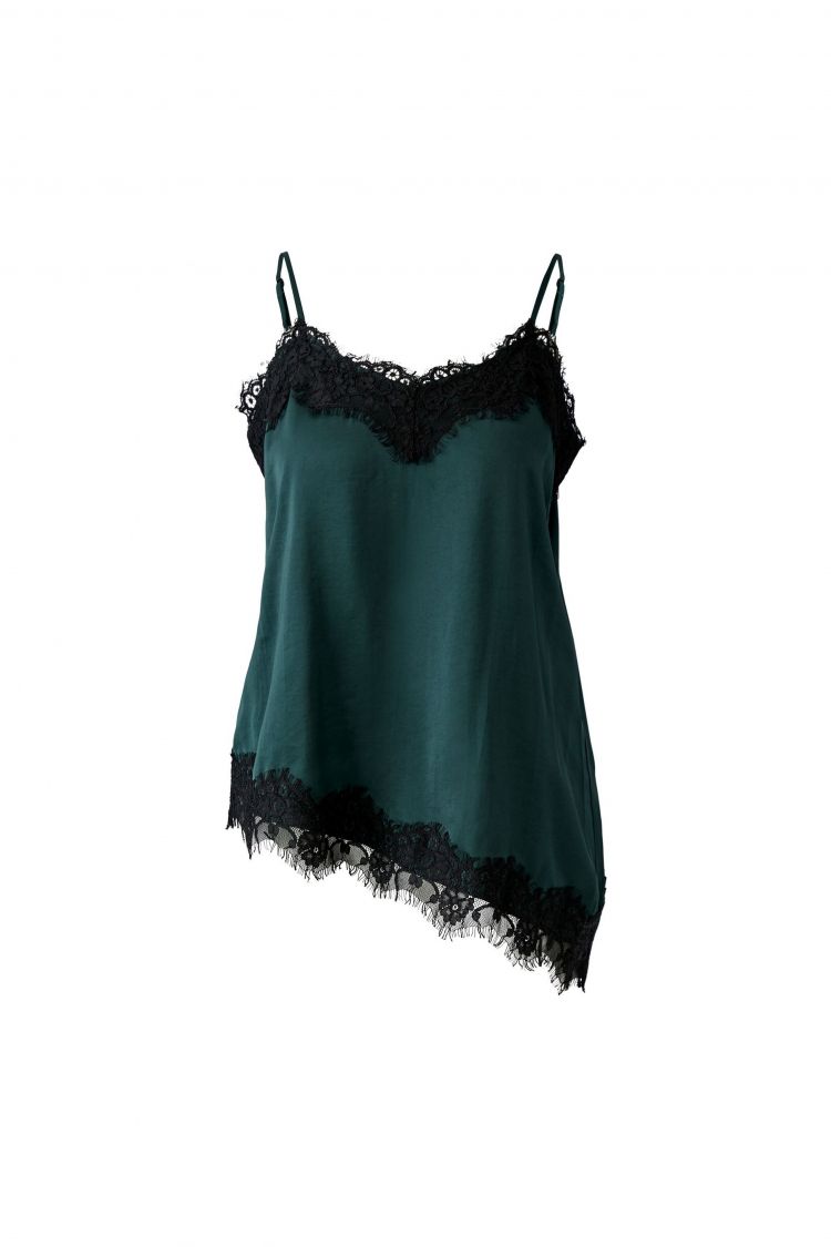 Oui-Slip Cami Top in Forest Green with Black Lace Detail 100004