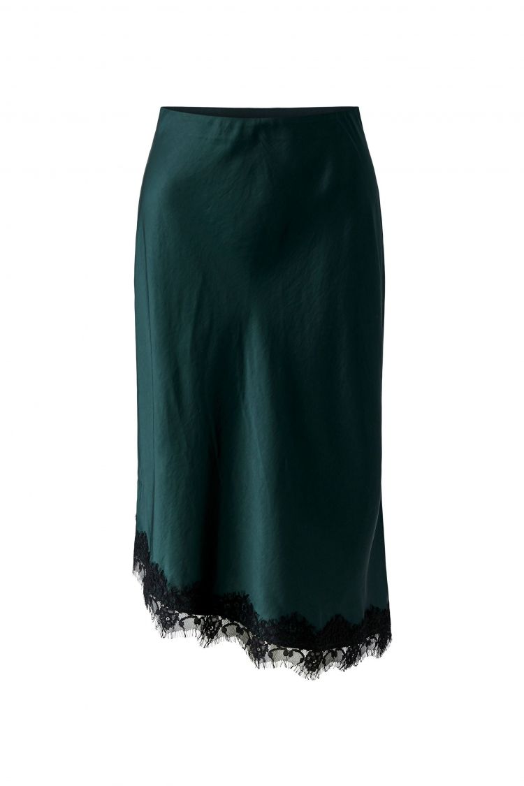 Oui Slip Skirt with Lace Detail in Forest Green 99987