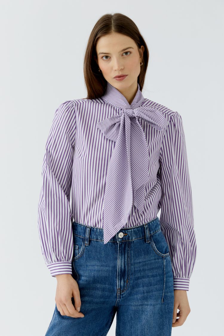 Oui Striped Shirt with Pussy Bow in White Violet 100415