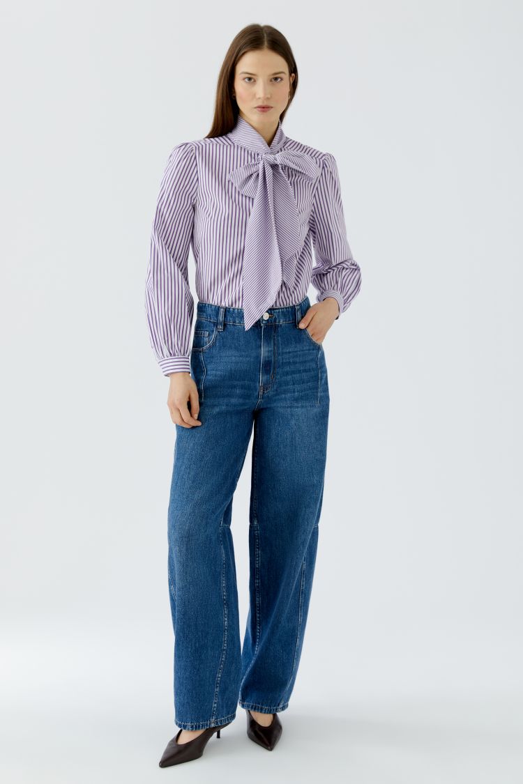 Oui Striped Shirt with Pussy Bow in White Violet 100415