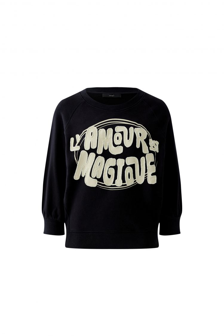 Oui Sweatshirt in Black with Cream Logo Detail 98718