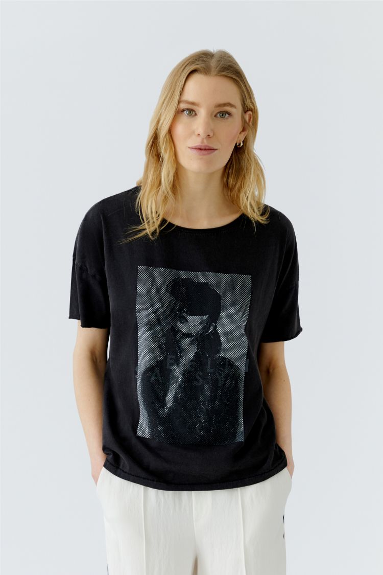 Oui Teeshirt in Washed Out Black with sparkle Print 98726