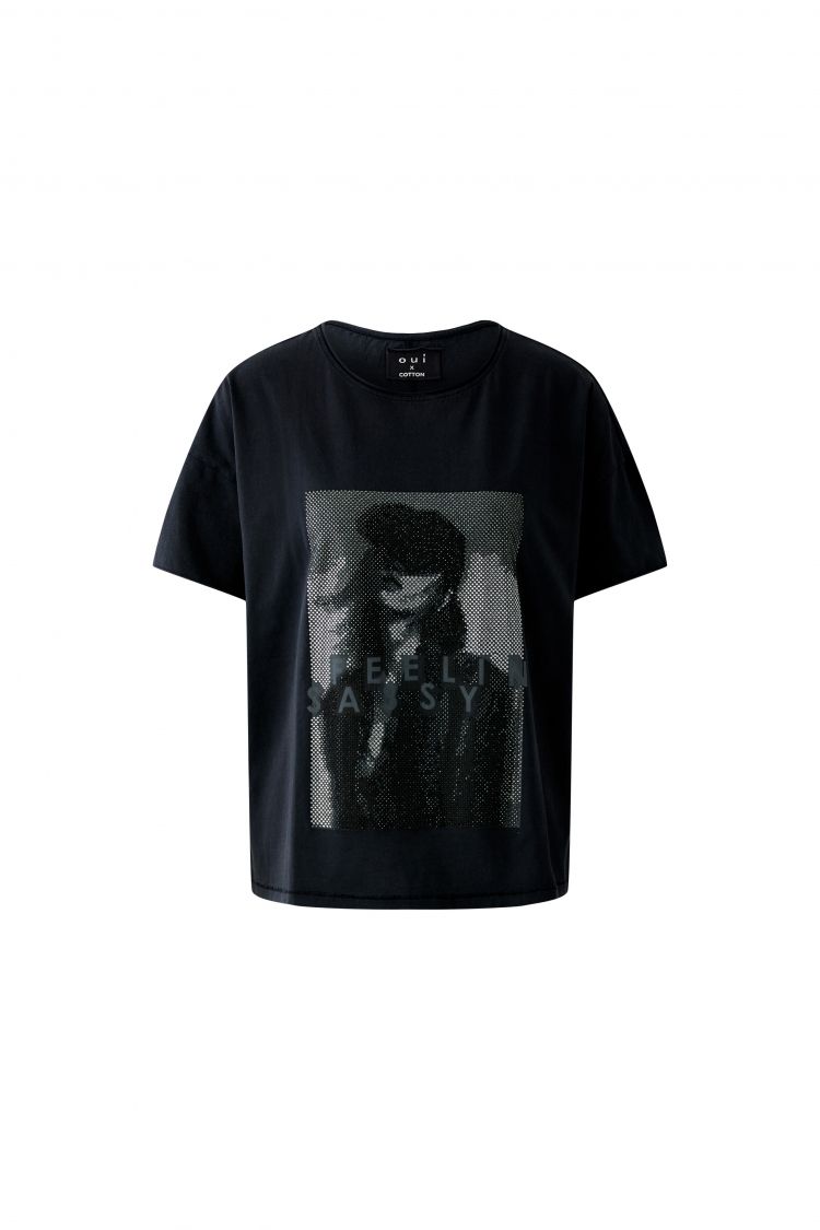 Oui Teeshirt in Washed Out Black with sparkle Print 98726