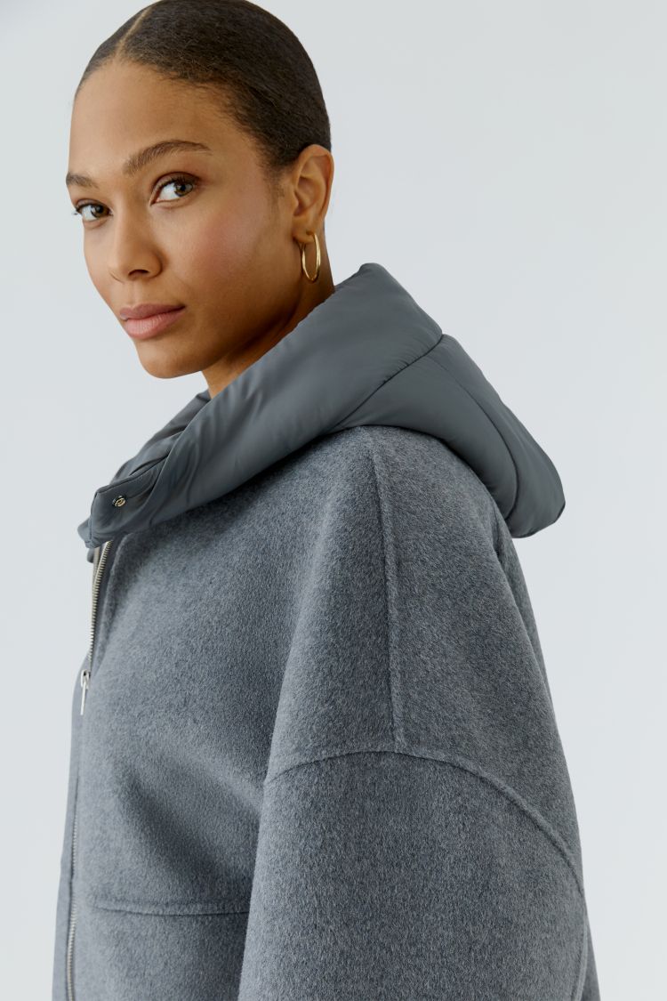 Oui Short Wool Mix Hoody in Grey 100339
