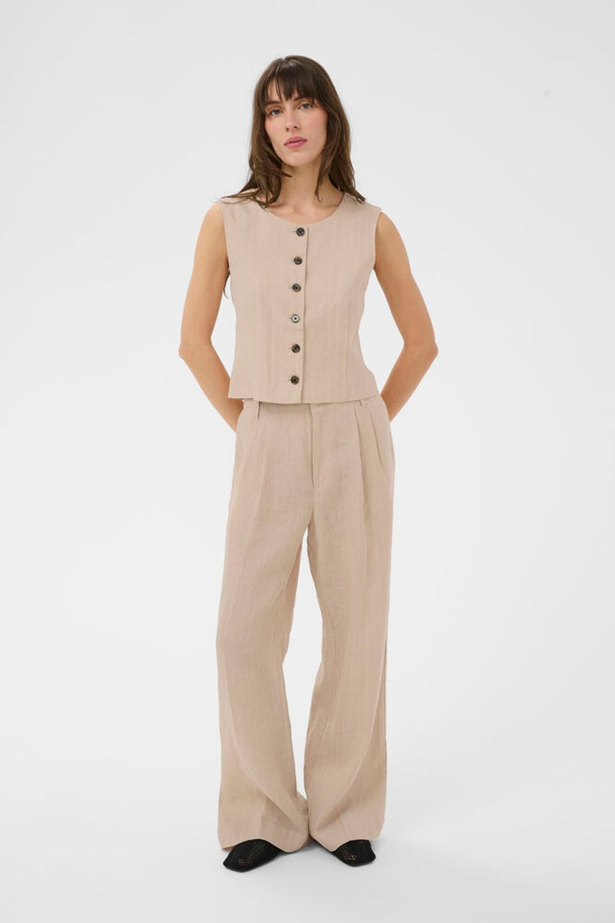 Part Two Azania Waist Coat In Neutral Pinstripe