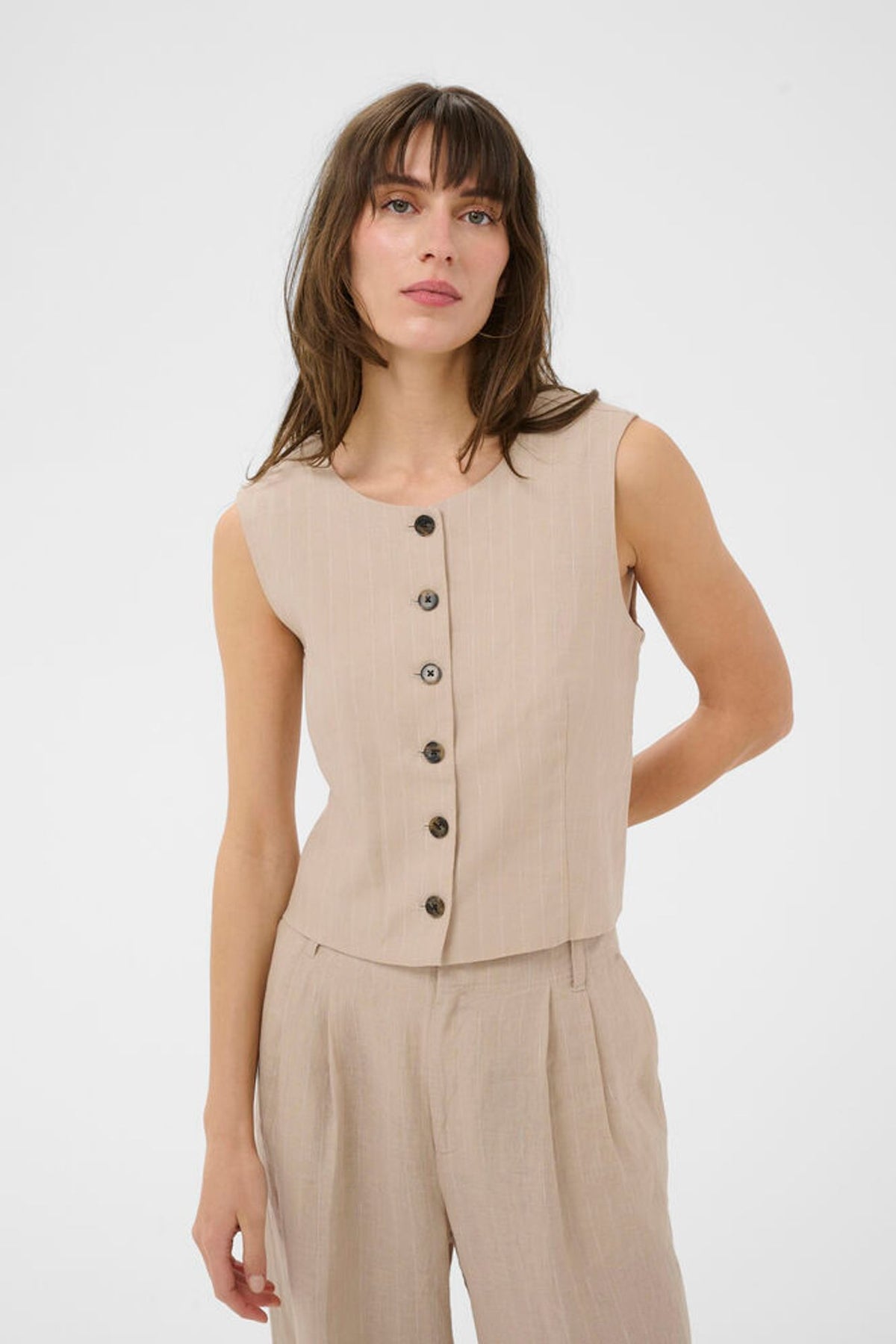 Part Two Azania Waist Coat In Neutral Pinstripe