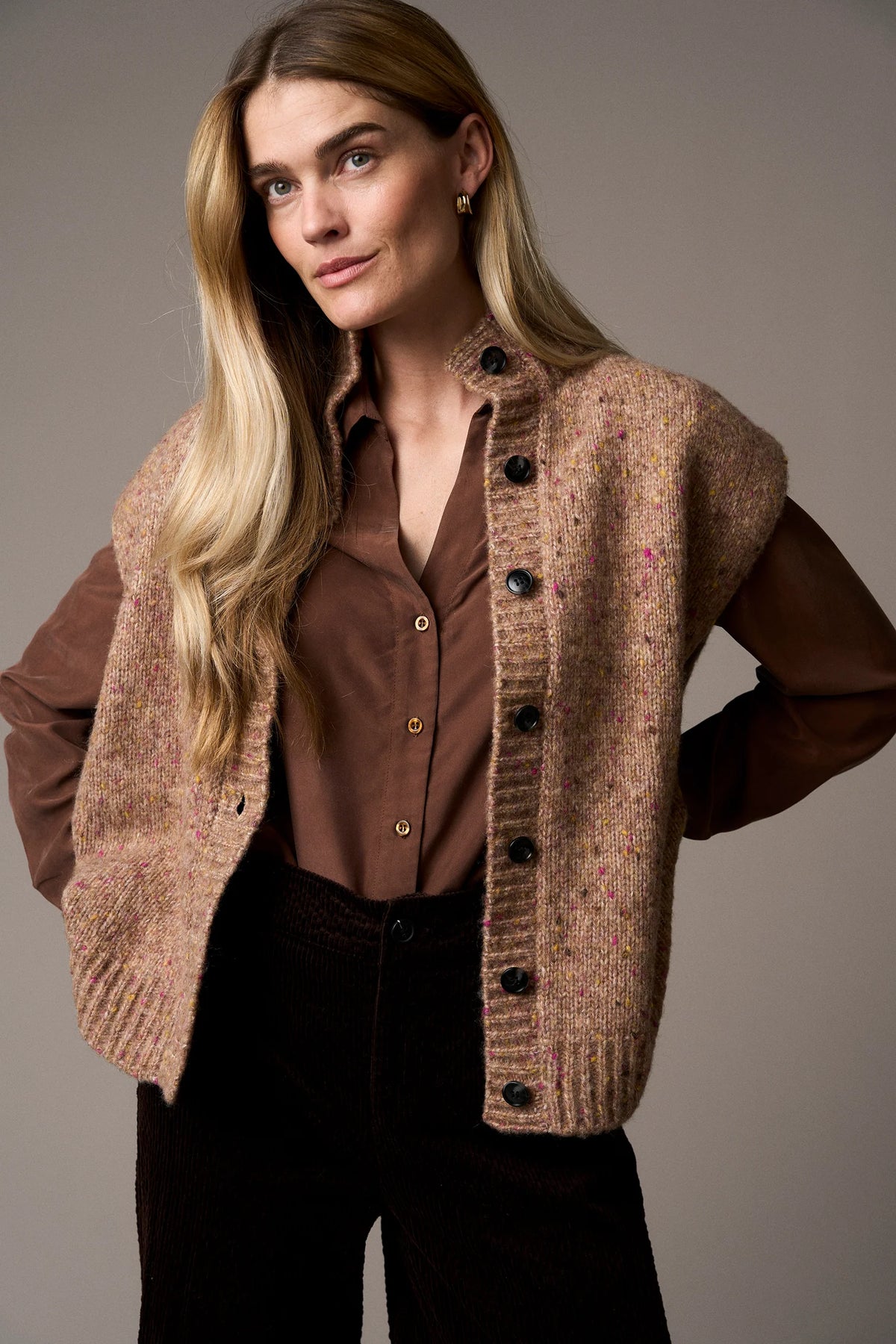 Pieszak Holly Button High Neck Knit in Lead Brown