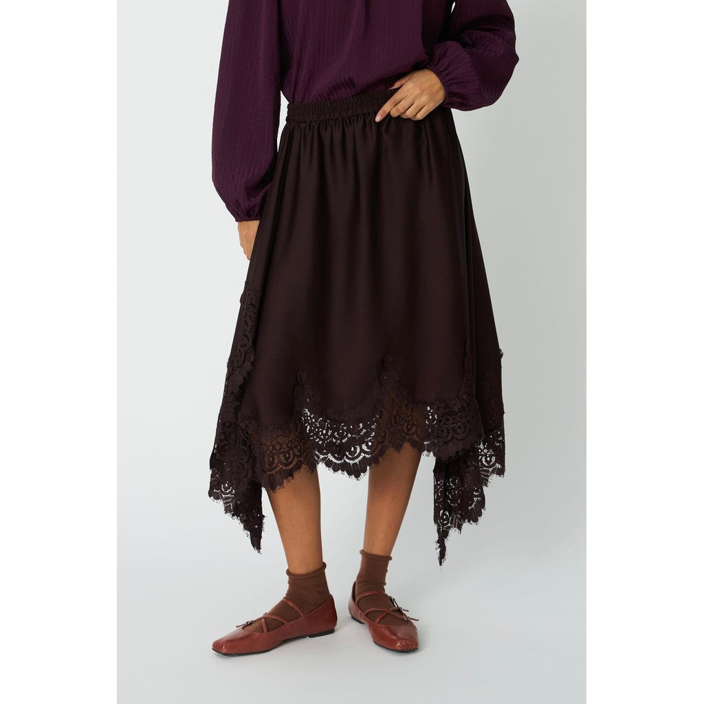 Stella Nova Asymetric Lace Trimmed Skirt in Dark Brown