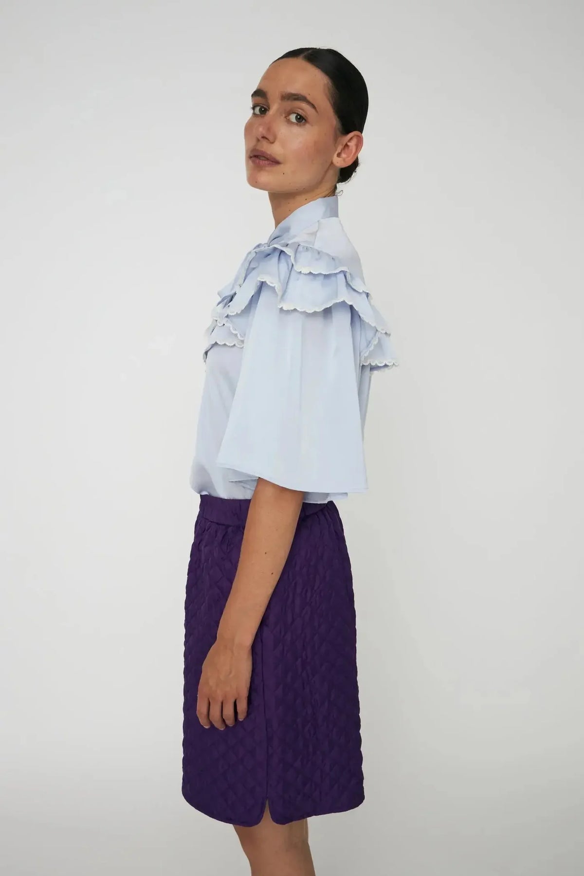 Stella Nova Loose Blouse With Frills In Dust Blue