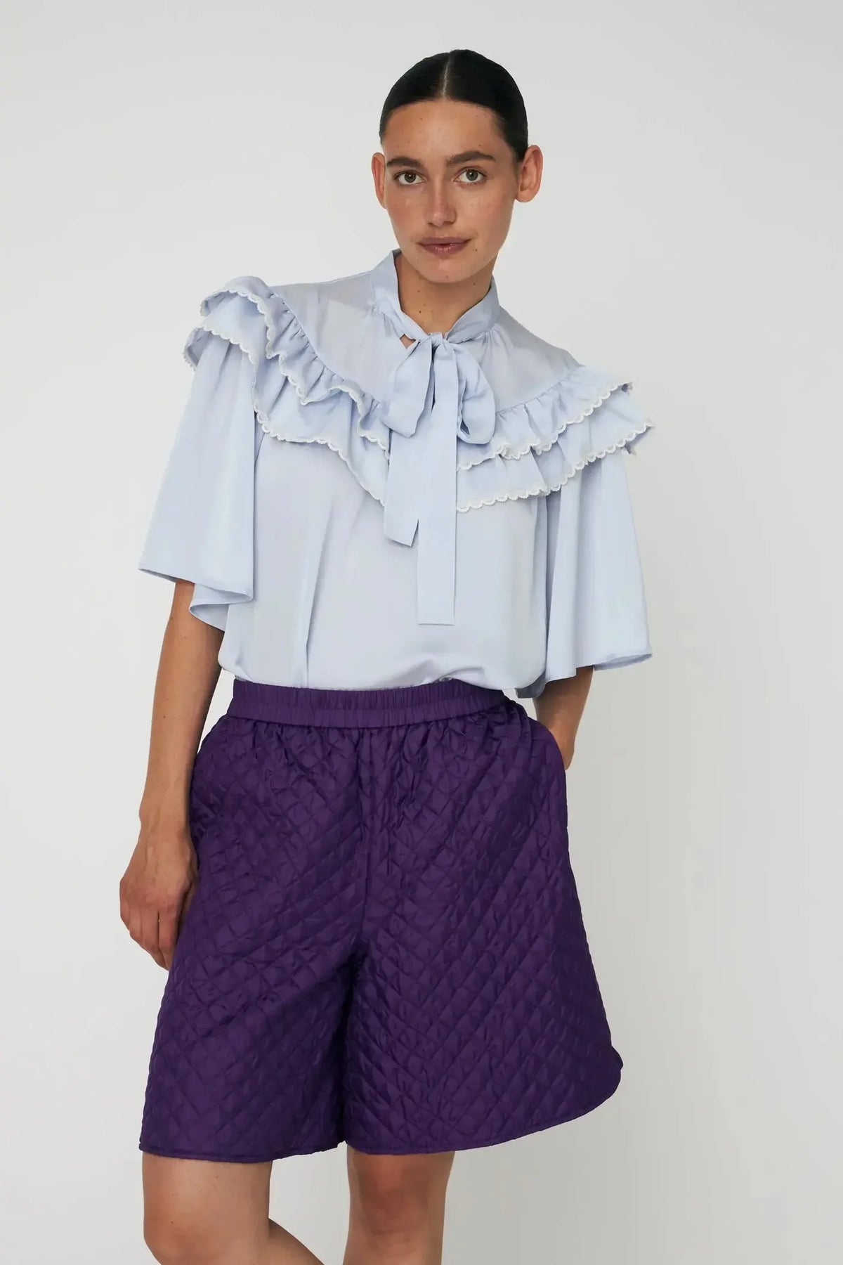 Stella Nova Loose Blouse With Frills In Dust Blue