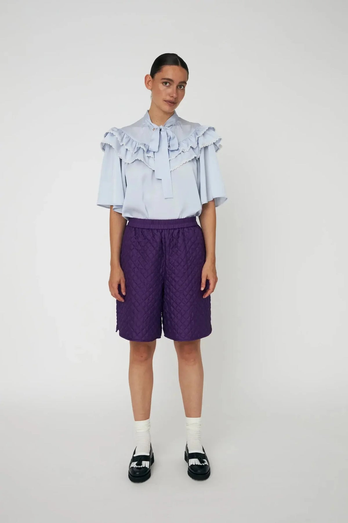 Stella Nova Loose Blouse With Frills In Dust Blue