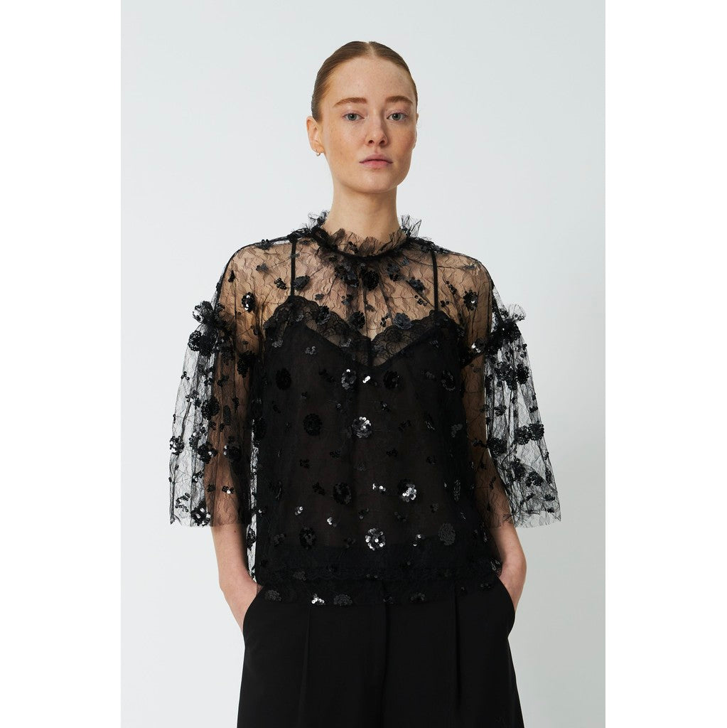 Stella Nova Sequin Mesh Blouse in Black