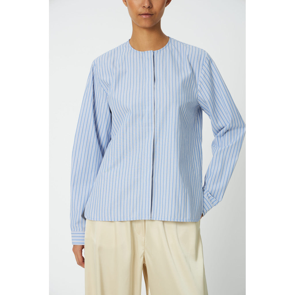 Stella Nova Striped Scallop Bow Shirt in White with Blue Stripes