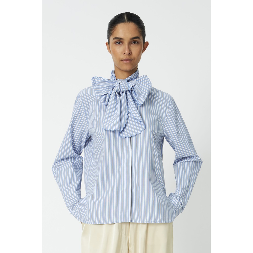 Stella Nova Striped Scallop Bow Shirt in White with Blue Stripes