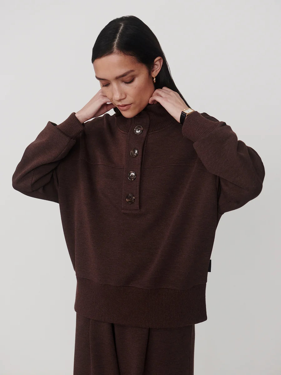 Varley Bronya Button Placket Sweat in Coffee Bean Marl