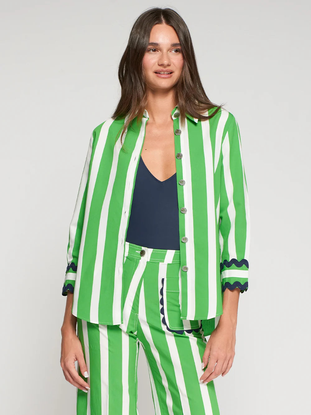 Vilagallo Green Stripped Shirt With Navy Cuffs