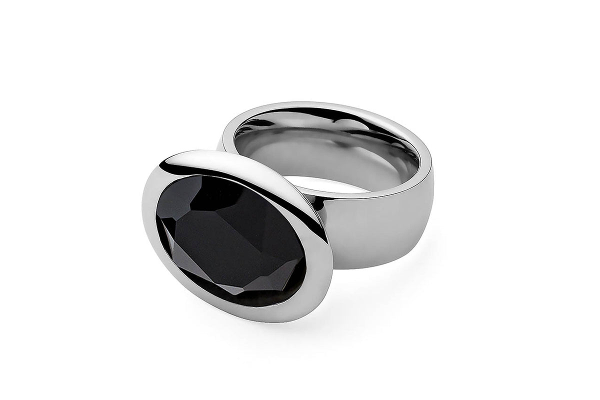 Qudo Tivola Thick Stainless Steel Large Ring with Jet Black Stone